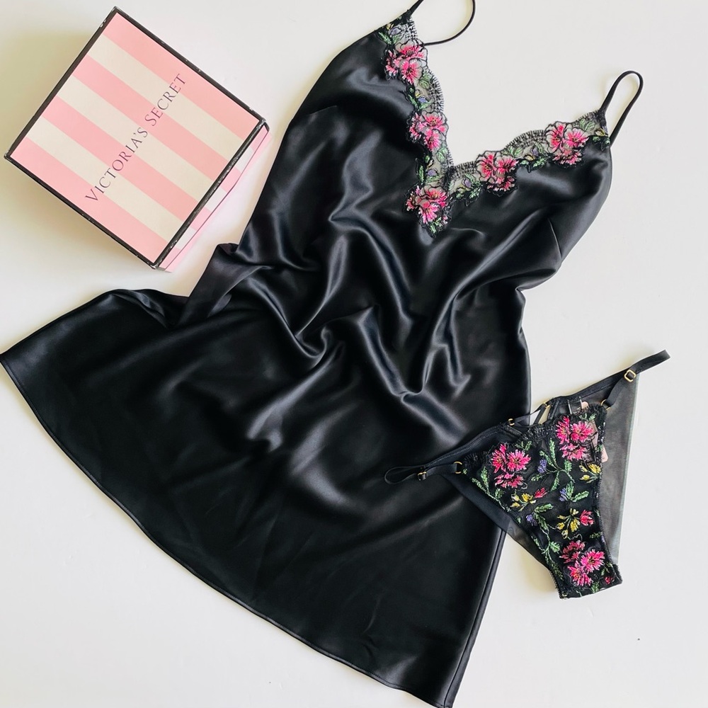 S Victoria's Secret Black Chemise with Pink Floral Embroidery